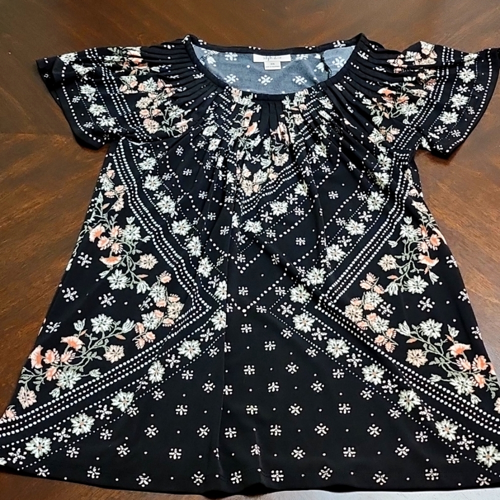 Black with flowers, bell short sleeves women's blouse